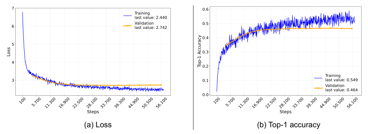 Loss & Top-1 accuracy for 10_TEO-Elo_signal model - source: own depiction Loss & Top-1 accuracy for 10_TEO-Elo_signal model