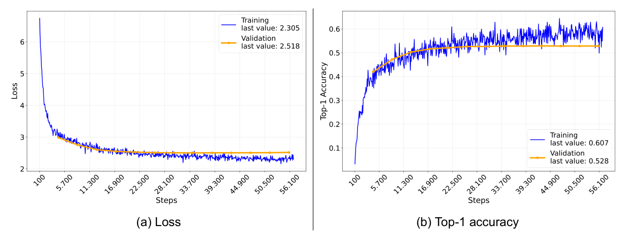Loss & Top-1 accuracy for 3_UDRL-material model - source: own depiction Loss & Top-1 accuracy for 3_UDRL-material model