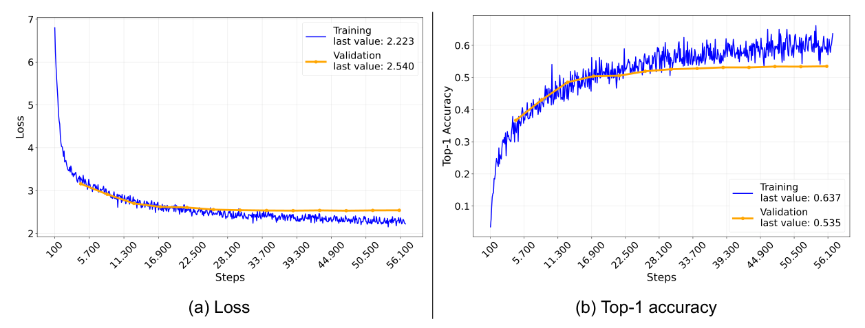 Loss & Top-1 accuracy for 4_UDRL-eval-legal_input model - source: own depiction Loss & Top-1 accuracy for 4_UDRL-eval-legal_input model