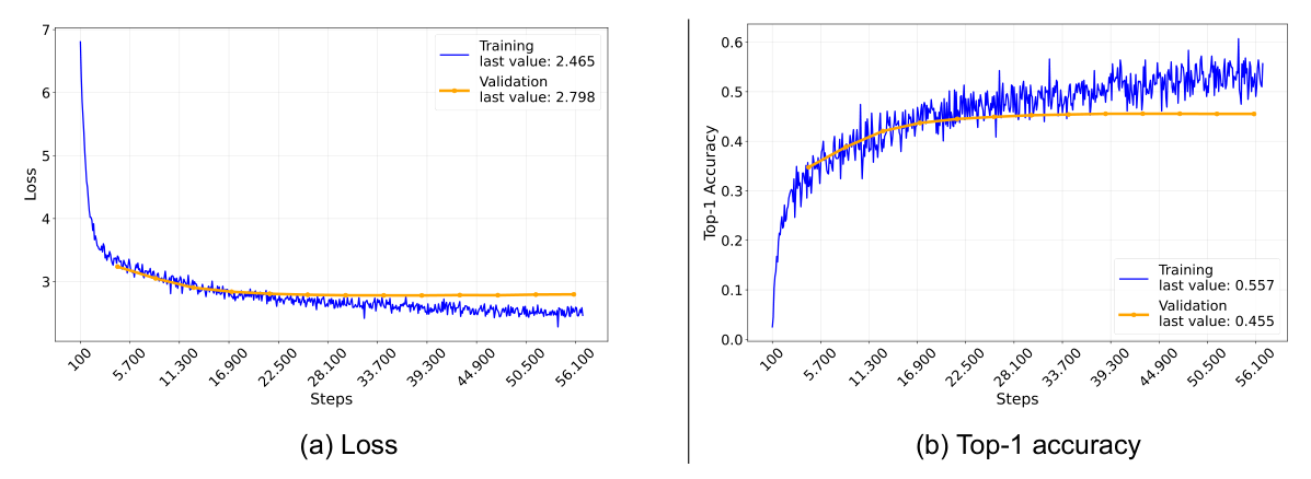 Loss & Top-1 accuracy for 6b_UDRL-rtg5_material model - source: own depiction Loss & Top-1 accuracy for 6b_UDRL-rtg5_material model