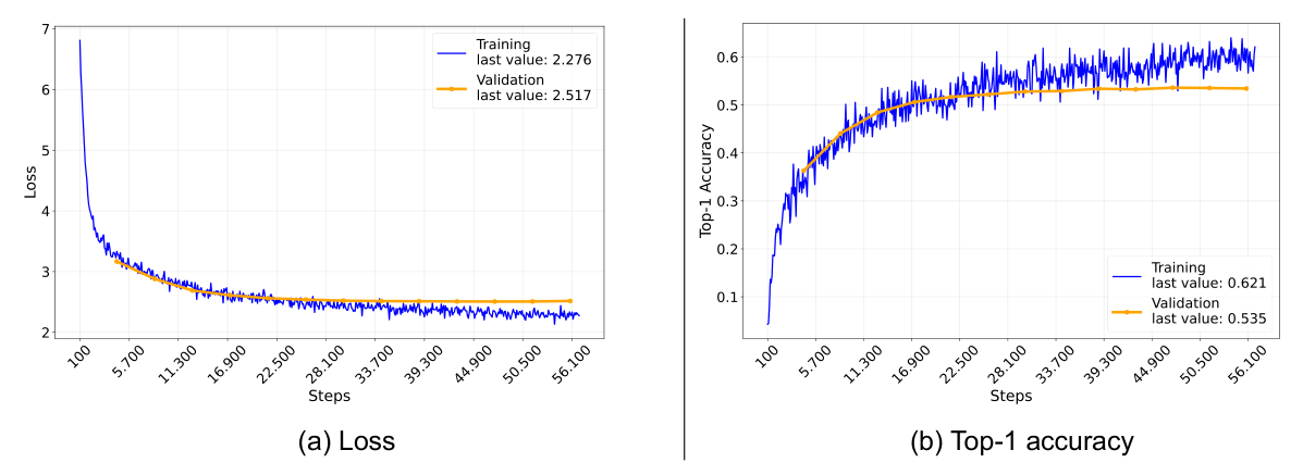 Loss & Top-1 accuracy for 9_UDRL-eval-hidden_action model - source: own depiction Loss & Top-1 accuracy for 9_UDRL-eval-hidden_action model